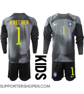 Brasilien Alisson Becker #1 Målvakt Hemmatröja Barn VM 2022 Långärmad (+ korta byxor)